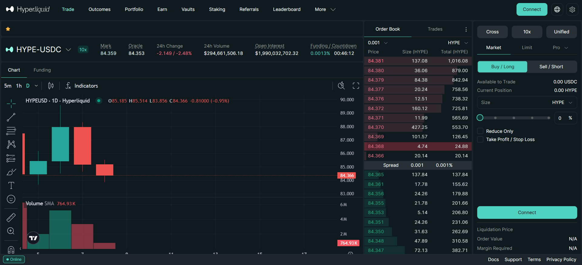 Official Hyperliquid trading interface showing an order book, chart and fee display